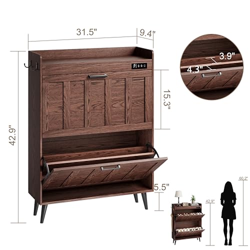 ChooChoo Shoe Storage Cabinet with 2 Flip Drawers and Deodorizer | Shoe Organizer Storage for Entryway, Freestanding Hidden Slim Narrow Shoe Rack Cabinet, Walnut