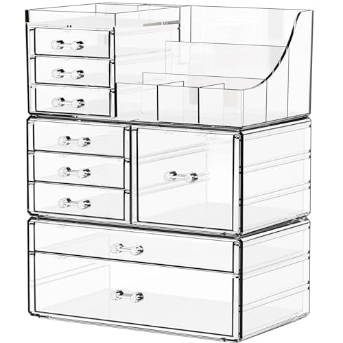 3 Pack Clear Makeup Organizer Countertop for Dresser,Vanity and Bathroom Counter Organizer,Tiered Stackable Makeup Acrylic Organizers with 9 Drawer for Skincare,Brush and Make up Holders