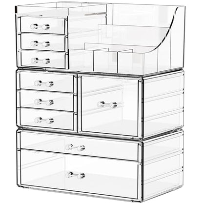 3 Pack Clear Makeup Organizer Countertop for Dresser,Vanity and Bathroom Counter Organizer,Tiered Stackable Makeup Acrylic Organizers with 9 Drawer for Skincare,Brush and Make up Holders
