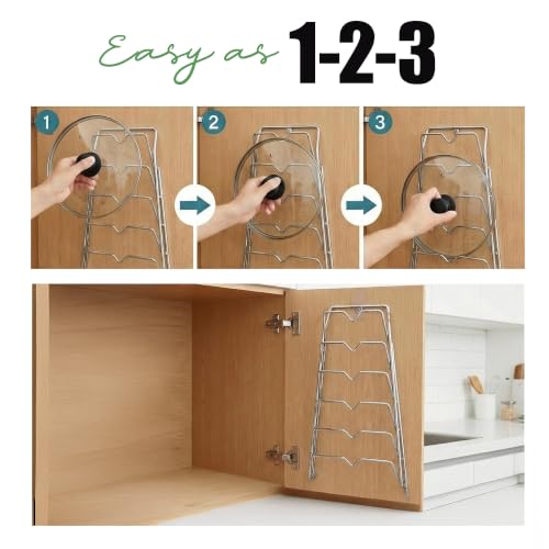 Evelots 6 Pot Lid Organizer for Cabinet Door or Pantry Wall - Closet Door Pots and Pans Lids Holder - Glass or Metal Pan Covers Cabinet Organizer Kitchen Storage - White 6 Tier Lid Rack
