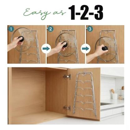 Evelots 6 Pot Lid Organizer for Cabinet Door or Pantry Wall - Closet Door Pots and Pans Lids Holder - Glass or Metal Pan Covers Cabinet Organizer Kitchen Storage - White 6 Tier Lid Rack