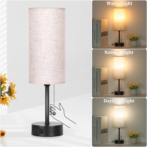 Bedside Table Lamp for Bedroom,Small Lamps for Night stands with Pull Chain | 3-Color Bedroom Table Lamps Desk Reading Light AC Outlet Nightstand Lamp for Living Room Decor/Dorm/Office Bulb Included