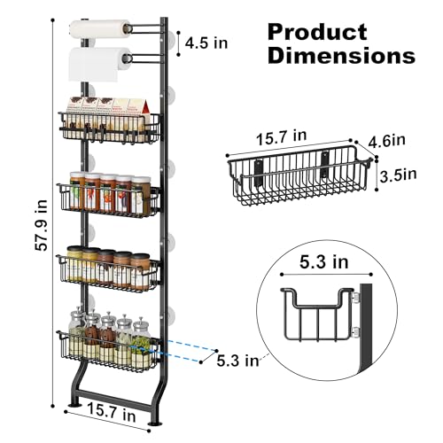 BUKFEN 6-Tier Slim Corner Shelf, Spice Rack Narrow Storage Next to Fridge | Bidirectional Pull-Out Baskets, Bent Base Stability, 6 Hooks, Space-Saving Slim Design for Kitchen, Bathroom, Laundry Room