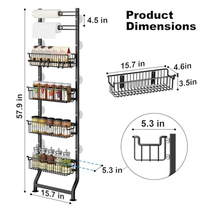 BUKFEN 6-Tier Slim Corner Shelf, Spice Rack Narrow Storage Next to Fridge | Bidirectional Pull-Out Baskets, Bent Base Stability, 6 Hooks, Space-Saving Slim Design for Kitchen, Bathroom, Laundry Room