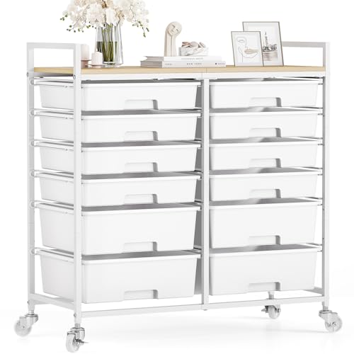 TOOLF 12 Drawers Rolling Storage Cart with Wooden Top for Classroom,White | Teacher Cart Craft Art Supply Organizer, Utility Cart with Lockable Wheels for Home Household Essentials, Office Organization