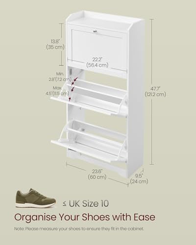 VASAGLE Shoe Organizer, Adjustable Dividers, Cloud White | Adjustable and Removable Dividers, Shoe Cabinet, 3 Flip Drawers, Holds 12-20 Pairs, Entryway, 9.4 x 23.6 x 47.7 Inches