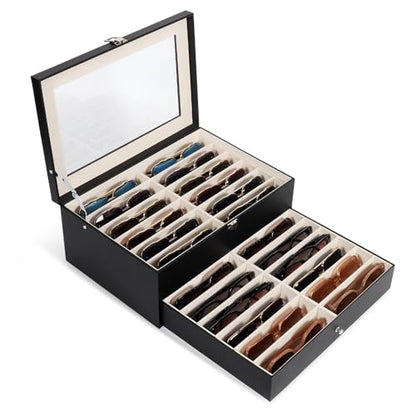 Sunglasses Storage Organizer Case with 24 Adjustable Slots, 2 Layer Multi Eyeglass Glasses Display Box with Lid Women