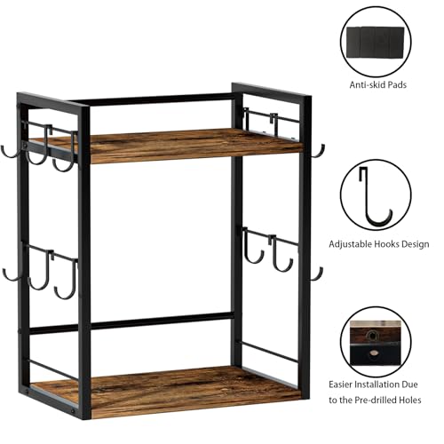 Dorhors Coffee Bar Organizer,Mug Holder,Station Organizer Kitchen Counter | 2 Tier Rustic Brown Wood Coffee Bar Accessiries with 12 Hooks,Countertop Shelf for Mug,Syrup and Accessories