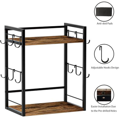 Dorhors Coffee Bar Organizer,Mug Holder,Station Organizer Kitchen Counter | 2 Tier Rustic Brown Wood Coffee Bar Accessiries with 12 Hooks,Countertop Shelf for Mug,Syrup and Accessories