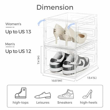 Upgraded Hard Shoe Storage Box 12 Pack XL Clear Shoe Organizer | Stackable, Thicken Sturdy, Fit Size 12, 7.4” Height, Closet, Sneaker Storage Display Case Holder Bins, Magnetic Door Clear