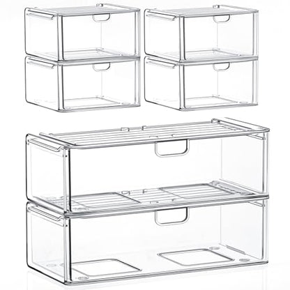 6-Pack Acrylic Stackable Storage Drawers for Vanity, Desk, Bath | 2 large & wide 13" drawers, Smooth-glide, stackable, clear body, dustproof, wipe clean, for makeup, pantry jars, under sink