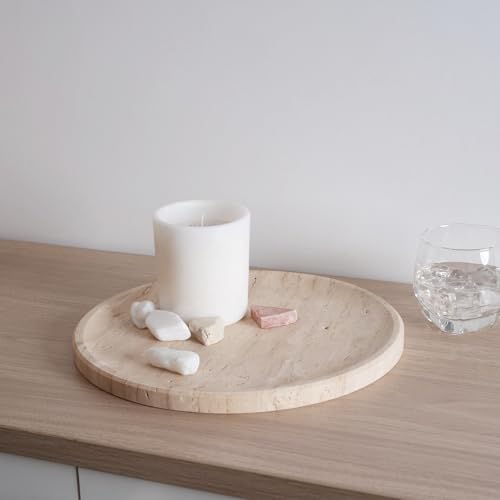 Travertine Tray, 11.8"x0.8" Round Serving Tray for Kitchen and Coffee Table, Bathroom Trays for Counter, Decorative Vanity Trays, Catchall Fruit and Snack, Light Beige Ottoman Tray