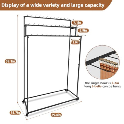 3-Tier Rolling Belt & Tie Storage Display Rack | 42 storage hooks, mobile wheeled design, black metal rack for belts ties bags retail shop display