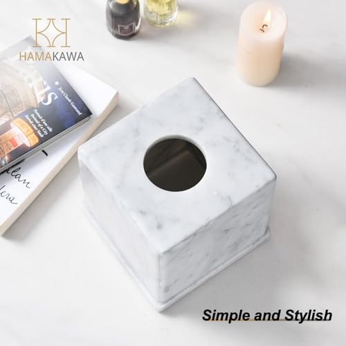 Natural Marble Tissue Box Cover, Carrara White Tissue Organizer 6 x 6 x 5.7 inch, Heavy Stone Decorative Box, Square Tissue Box Holder for Home Decor, Kitchen, Bathroom, Bedroom