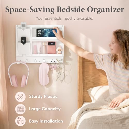 Lifewit Plastic Bedside Wall Shelf, Adhesive Floating Shelves Dorm Decor | Bedroom Essentials for Key, Remote Control, Glasses, Phone, Earbuds Storage, College, RV, Bunk Bed Wall Organizer