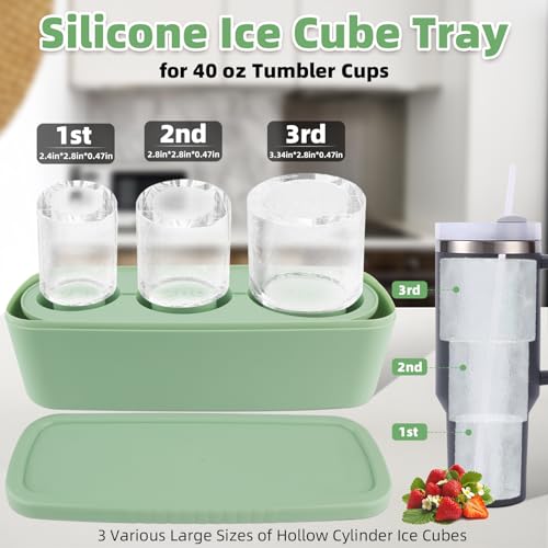 Ice Mold for Stanley Cup 30-40 oz Tumbler Cup Ice Mold | Silicone Ice Cube Tray With Lid and Bin for Chilling Cocktails, Whiskey, Coffee, Easy Fill and Release Ice Maker (Green)