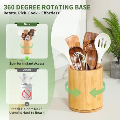 Wooden Utensil Holder, 360°Rotating 7.3'' Large Ut... (Bamboo | Wood)