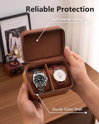 ProCase 2-Slot Watch Travel Case for Men, Portable Watch Holder -Brown | PU Leather, Compact Small Travel Carrying Box, Storage Case for Luxury Watches & Smartwatches with Jewelry Compartment