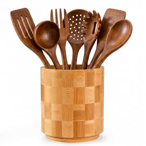 360° Rotating Checkered Bamboo Utensil Holder for Countertop | 6.5" Large Capacity, Kitchen Utensil Crock Organizer for Spatulas & Spoons