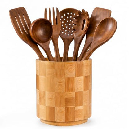 360° Rotating Checkered Bamboo Utensil Holder for Countertop | 6.5" Large Capacity, Kitchen Utensil Crock Organizer for Spatulas & Spoons