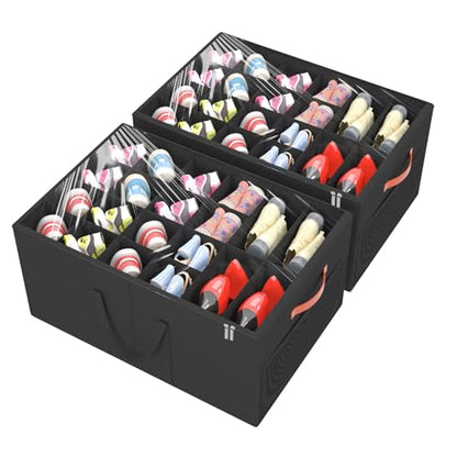 2 Pack Shoe Organizer for Closet, Large Shoe Storage Box, Black | Fits up to 48 Pairs, Stackable, Space Saving, Foldable, Shoes Organizer Bin with Clear Cover, 4 Reinforced Handles