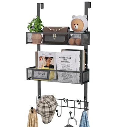 HapiRm Over the Door Hanger with Coat Hooks and 2 Baskets, Rustproof & Waterproof Over the Door Hooks, Storage Organizer for Hats, Bathroom, Kitchen, Bedroom, RV, Camper-Black (for 1.76in Doors)