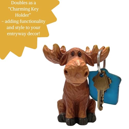 Wood-Cut Look Hand-Carved Moose Eyeglasses Holder Stand Rustic Decor | Whimsical spectacles eyewear glasses keeper display tray, cabin lodge country theme room desk table decoration, animal statue