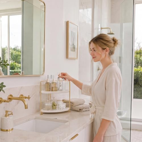 2-Tier Corner Bathroom Counter Organizer, Tool-Less Installation Vanity Shelf Small Plastics Countertop Makeup Tray Skincare Perfume Organizers (Gold)