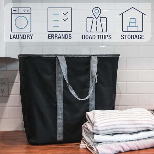 CleverMade Collapsible Laundry Caddy, 64L, 2 Pack, Black Gray | A reinforced rim and base keep it upright for loading. Comfortable handles move up to 2 full loads, then it folds flat.