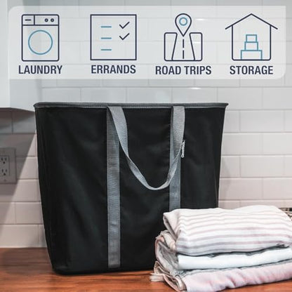 CleverMade Collapsible Laundry Caddy, 64L, 2 Pack, Black Gray | A reinforced rim and base keep it upright for loading. Comfortable handles move up to 2 full loads, then it folds flat.