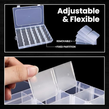 Budreu 4pack 36 Grids Plastic Clear Organizer Box Bead Storage Containers with Adjustable Dividers for Craft Jewelry Fishing Tackles Parts Storage with 4 Sheets Label Stickers