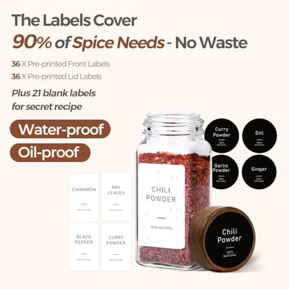 ComSaf Glass Spice Storage Jars with Acacia Wood Lids & Labels 4Oz 24Pack
