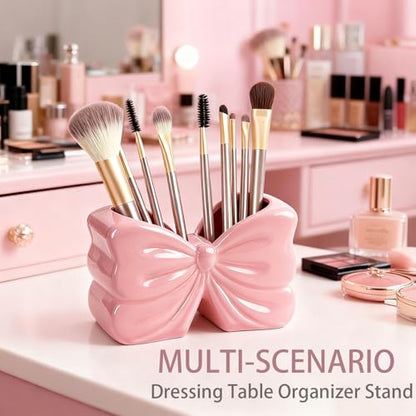 Pink Bow Ceramic Toothbrush Holder,Sweet Girly Gift Bathroom Decor | 2-Slot Bathroom Organizer for Makeup Brushes & Pencils, Cute Small Bow Vase,for Bathroom Vanity ,Gift for Women