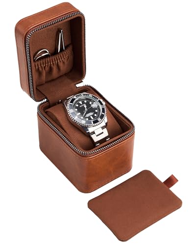 ProCase Single Watch Travel Case for Men, Portable Watch Holder -Brown | PU Leather, Compact Small Travel Carrying Box, Storage Case for Luxury Watches & Smartwatches with Jewelry Compartment