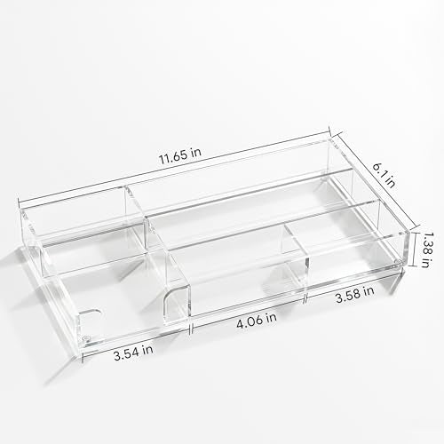 HBlife Acrylic Desk Drawer Organizer Tray with 6 Compartments, Small Clear Office Drawer Organizers and Accessories for Pens, Pencil, Makeup, Desktop, Bathroom and Kitchen, 11.65 x 6.1 x 1.38 Inch