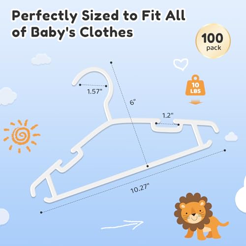 Baby Hangers 100 Pack Non-Slip Kids Plastic Hangers for Closet, Space Saving Toddler Hanger for Infant Clothing, Childrens Hanger for Child, White