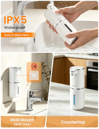 Automatic Soap Dispenser Touchless, USB Rechargeable Hand Soap Dispenser, 4 Adjustable Soap Levels, IPX5 Waterproof, 12.8oz/380ml, Countertop or Wall Mounted for Bathroom and Kitchen, White