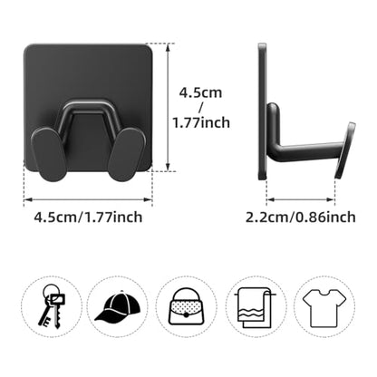 Adhesive Shower Hooks for Inside - Extra Sticky Stainless, Razor Holder Shower Accessories, Wall Mounted Self-Adhesive Double Hooks for Razor, Loofah, Towel, Shaver, Coat, Key, Matt Black, 6 Pack