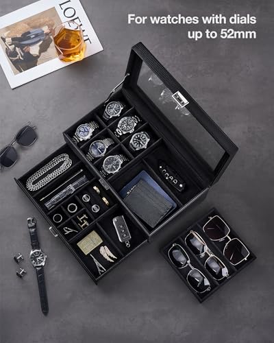 ProCase Mens Jewelry Box,6 Slot Watch Box & 3 Slot Sunglass Holder-AllBlack | 2-layer Lockable Sunglasses Jewelry Organizer Storage for Men, Watch Display Case with Drawer, Clear Lid, Father Gift