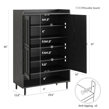 Black 7+1 Tier Farmhouse Shoe Storage Cabinet - 45" Tall Entryway Organizer with Cross Molding Doors, 3 Adjustable Shelves & Metal Legs, Shoe Rack for Front Door Entrance