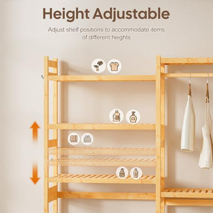 Cozivolife Over The Washer Dryer Storage Shelf: Bamboo 5 Tiers (Natural) | Laundry Room Drying Rack with Adjustable Shelves and 4 Hooks - Space Saver Organizer for Hanging Clothes and Towels