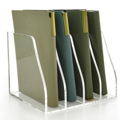 Acrylic Magazine File Holder, 4 Vertical Compartments Desk Document Sorter Organizer, Clear Folder Rack Binder for Office/Home/Classroom, for Documents, Tablet, Magazines, Books & Accessories
