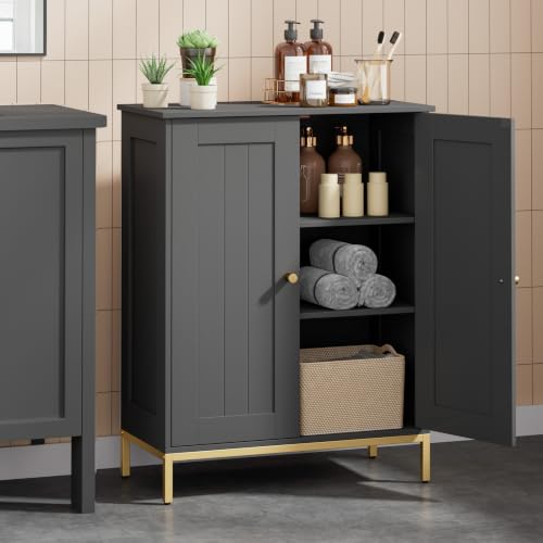 Bathroom Storage Cabinet, Freestanding Floor Cabin... (Black | Engineered Wood)