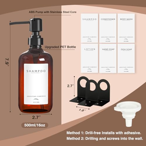 Shampoo Dispenser for Shower, No Drill Dispenser with Pump & Label | Shampoo and Conditioner Dispenser Wall Mount Set of 3, Pet Bottle Shower Soap Dispenser for Home Bathroom, Amber