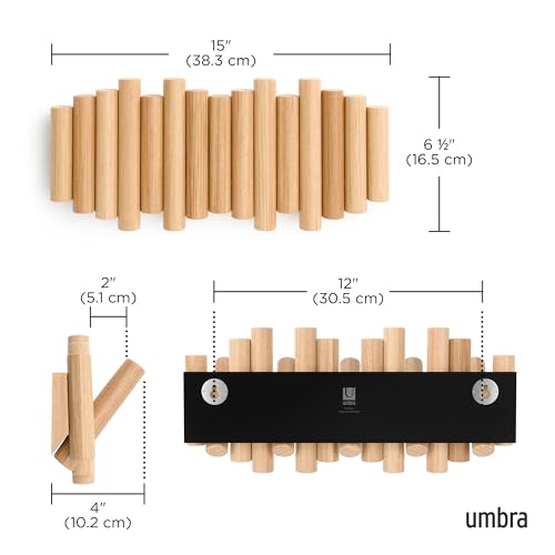 Umbra Picket Coat Rack, Wall Mount 5 Flip-Down Coat Hooks, Natural | Beveled pine wood dowels, supports up to 5 lbs, mounting hardware included, space saving