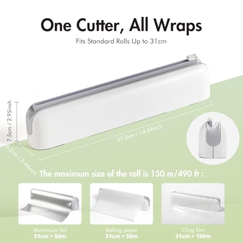 Aluminum Foil & Plastic Wrap Dispenser with Cutter - Easy One-Hand Operation, Space-Saving Kitchen Organizer for Worktops & Cabinets, Magnetic Cling Film Dispenser - Fits 12" Rolls, Gray