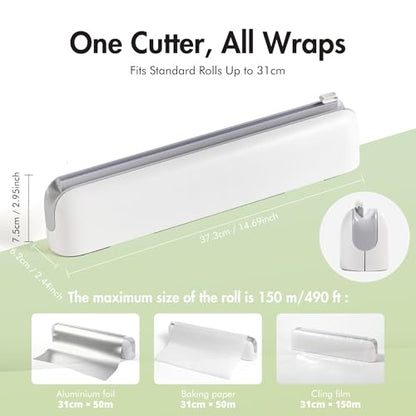 Aluminum Foil & Plastic Wrap Dispenser with Cutter - Easy One-Hand Operation, Space-Saving Kitchen Organizer for Worktops & Cabinets, Magnetic Cling Film Dispenser - Fits 12" Rolls, Gray