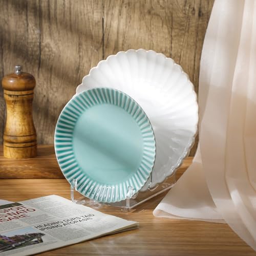 4 Pcs 2 Tier Plate Dinnerware Display Stand Acrylic Clear Plate Stand China Platters Holder Setting Racks for Kitchenware Display Cabinet Organizer