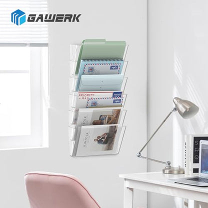 Gawerk Single Pocke Wall Mount File Holder Organizer (Clear, 2 Pack) | Acrylic Hanging Wall Organizer, Plastic Wall Mount Mails Magazines Organizer for Office and Home
