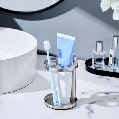 Toothbrush & Toothpaste Holder for Bathroom Countertop, Metal Electric Toothbrush Stand with Razor Slot, Ideal Design Caddy for Kids & Family, Brushed Silver